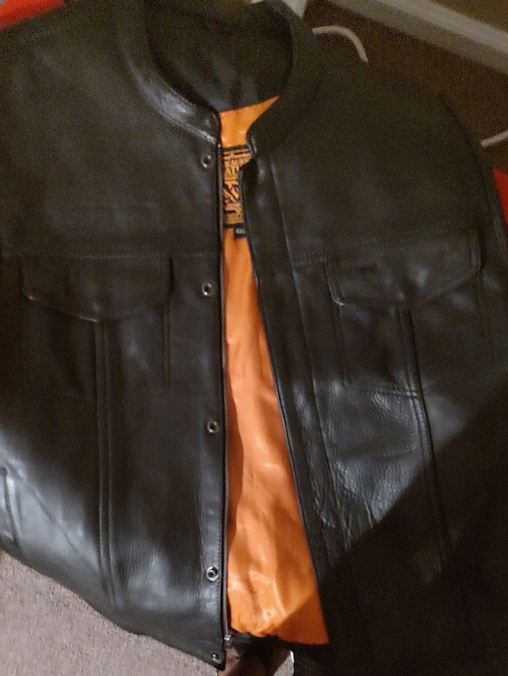 Men's Black Leather Bomber Jacket with Orange Lining
